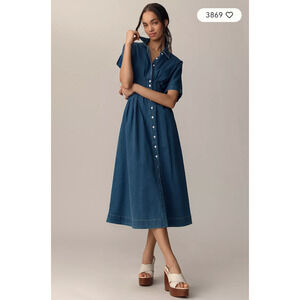 Anthropologie The Tobie Button-Front Pleated Shirt Dress Denim XXS Petite